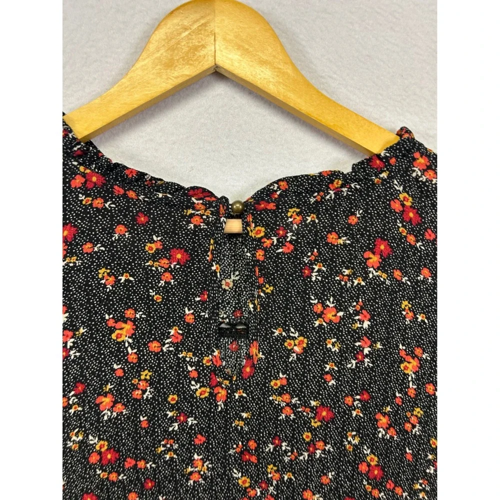Knox Rose Boho Cottagecore Womens Small Black Floral Peplum Ruffle Blouse